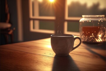 Wall Mural -  a cup of coffee sitting on a table next to a candle and a window with the sun shining through it and a jar of honeys in the background on the table top of the table., generative ai