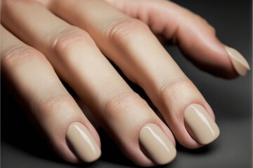 Sticker - a woman's hand with a beige manicure on it's nails and a ring on her finger, with a black background of a gray surface with a black surface and a light.