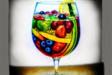 Sticker - a glass of fruit and a lemon slice on a table top with a white background and a shadow of a glass of fruit and a lemon slice on the side of the glass is on the.