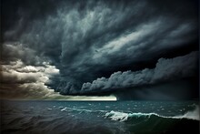 A Storm Is Coming Over The Ocean With A Boat In The Water Below It And A Large Cloud In The Sky Above It, And A Wave In The Water Below It, And A Black And White.