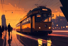 A Painting Of A Train On A City Street At Sunset With People Walking By It And A Train On The Tracks In The Background, With A Yellow Sky And Orange Hued With A.