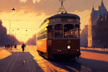 A Painting Of A Trolley On A City Street At Sunset With People Walking On The Sidewalk And A Tram On The Tracks In The Background, With A Person Walking On The Sidewalk, And A.
