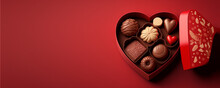 Heart Shaped Chocolate Box . Valentine's Day Red Banner. Copy Space. 14 February. Generative AI