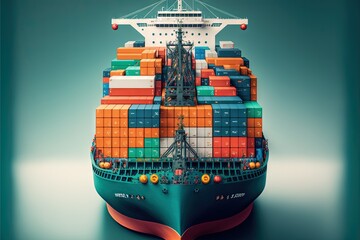 Poster - a large container ship with a lot of containers on it's side and a crane on top of it's side, in a blue background with a green background, with a red border.