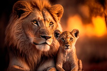 Proud Lion And His Cub Are Happy Together In African Landscape, Realistic Digital Illustration.