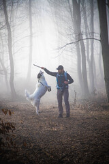 Poster - happy dog and owner in foggy forest