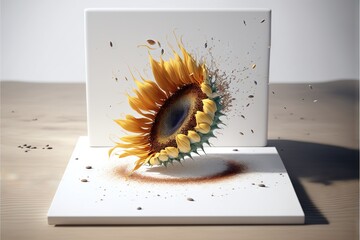  a sunflower is being smashed into pieces by a knife on a table top with a square white box on it and a few flies flying around it, and a few scattered scattered scattered., generative ai