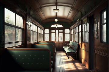 Poster - a train car with a bench and windows on the side of it and a light fixture hanging from the ceiling above the seats and a window with a light on the side of the train.