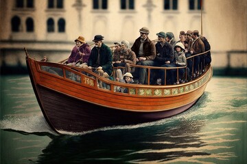 Wall Mural - a painting of a boat full of people on the water with a building in the background and a flag flying in the air above it, and a line of people on the boat,.