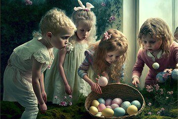 Sticker - a group of children standing around a basket filled with eggs and flowers in a forest with a bunny on the ground and a bunny on the ground with eggs in the grass, and a.