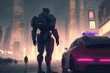 Futuristic robot warrior patrolling in the city, Digital Art style. AI generated