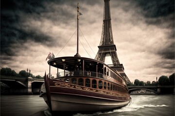 Sticker - a boat is traveling down the river in front of the eiffel tower in paris, france, on a cloudy day with dark clouds in the sky above it, and a bridge and a bridge.