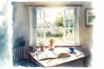 Watercolor drawing of retro interior of country house with table