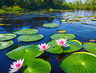 Water lily in the pond in the summer morning, AI generated