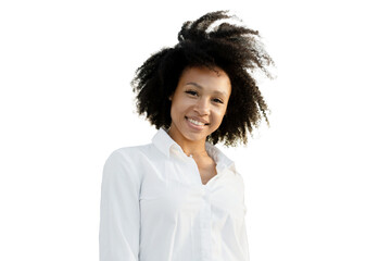 Wall Mural - A positive curly-haired beautiful woman smiling shows her teeth in a white shirt, transparent background.