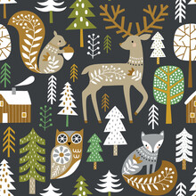 Seamless Vector Pattern With Cute Woodland Animals And Woods On Dark Grey Background. Scandinavian Woodland Illustration. 