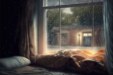A Bed Sitting In Front Of A Window Covered In A Blanket And Blanket On Top Of It's Side Next To A Window Sill With A Rain Falling On It And A Building. Generative AI
