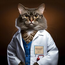 Funny Portrait Of A Gynecologist Doctor Cat In A White Apron On A Brown Background. Cat Doctor Profession. Generative AI. Creative Digital Painting.