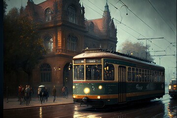 Poster - a painting of a trolley on a city street with people walking by it and a building in the background with a clock tower on top and a clock tower on the corner of the building.