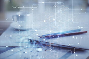 Poster - Double exposure of table with computer on background and data theme hologram. Data technology concept.