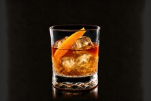 A Glass Of Alcohol With An Orange Slice On The Rim Of It And Ice Cubes In The Glass On The Side Of The Glass, On A Black Background With A Black Background With A.