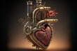 Anatomical heart as a steam motor with pipes going out, created with Generative AI technology