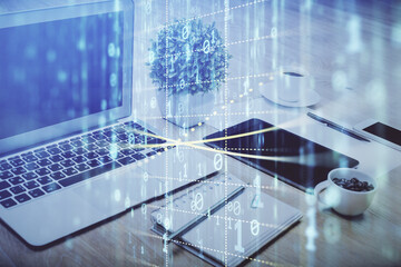 Poster - Double exposure of table with computer on background and data theme drawing. Concept of innovation.
