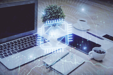 Poster - Double exposure of table with computer on background and data theme drawing. Concept of innovation.