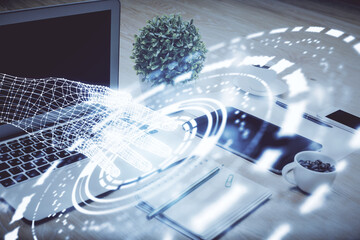 Aufkleber - Double exposure of table with computer on background and data theme drawing. Concept of innovation.