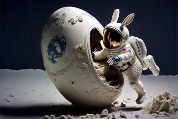 easter bunny astronaut on moon exits space shuttle ma, created with generative ai technology