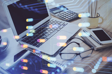 Poster - Double exposure of table with computer on background and data theme drawing. Concept of innovation.