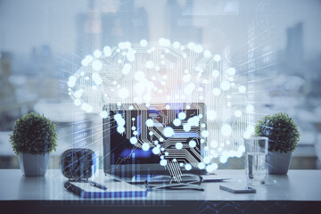 Poster - Double exposure of desktop with computer and brain drawing hologram. Artificial intelligence concept.