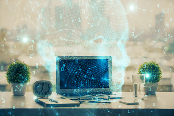 Poster - Double exposure of desktop with computer and brain drawing hologram. Artificial intelligence concept.