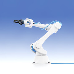 Aufkleber - A Robotic Arm. A model of a robotic arm in perspective projection composed on blue background. 3D-rendering graphics on the theme of Modern Technology. 