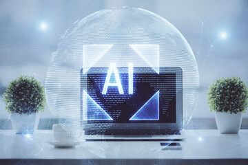 Poster - Double exposure of table with computer on background and data theme drawing. Concept of innovation.