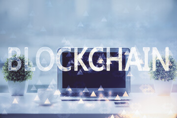 Aufkleber - Double exposure of blockchain and crypto economy theme hologram and table with computer background. Concept of bitcoin cryptocurrency.