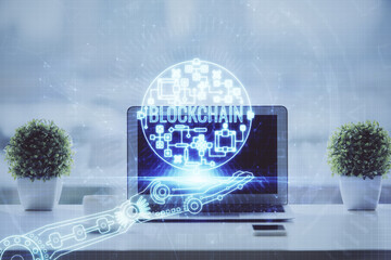 Poster - Double exposure of blockchain and crypto economy theme hologram and table with computer background. Concept of bitcoin cryptocurrency.