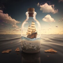 Illustration Ship In A Bottle With Glowing Stars Made With Generative Ai