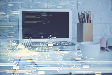 Poster - Double exposure of desktop with personal computer on background and tech theme drawing. Concept of Bigdata.