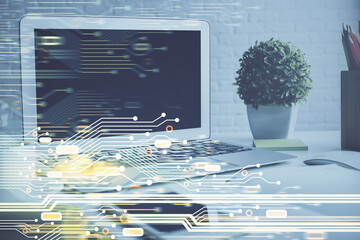 Poster - Multi exposure of desktop with personal computer and tech theme drawing. Concept of Bigdata.