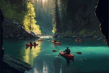 A Painting Of People In Canoes On A River In The Woods With A Mountain In The Background And A Forest In The Foreground With Trees And A Man On The Water With A Paddle.