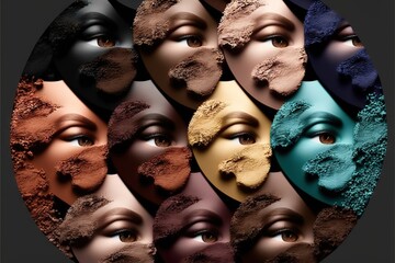 Sticker - a circle of different colored powders with a woman's face in the center of the circle, with a black background and a black background with a white circle of different colored powders.