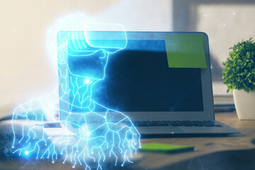 Poster - Computer on desktop with AR theme icon. Multi exposure. Concept of augmented reality.