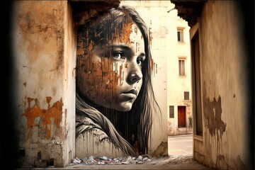 Poster - a painting of a girl on a wall in a run down building with a broken door and a broken wall behind it, with a hole in the wall with a torn paint and a.