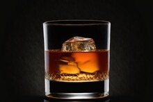 A Glass Of Whiskey With Ice Cubes On A Black Background With A Black Background Behind It And A Black Background Behind It With A Black Background With A Line Of A Line Of A. Generative AI