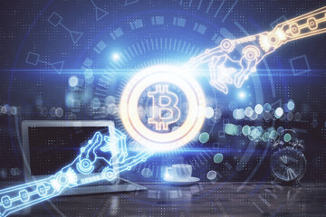 Poster - Multi exposure of blockchain theme hologram and table with computer background. Concept of bitcoin crypto currency.