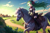 An anime girl is riding on a white pony in a beautiful colorful landscape with a small village in the background, generative ai