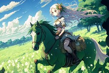 A Cute Anime Girl Is Riding On A Green Horse In A Fantasy Green Field With A Blue Sky, Generative Ai