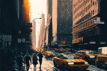 A Painting Of A City Street With People And Cars On It And A Yellow Taxi Cab On The Road In The Middle Of The Street And A Yellow Taxi Cab In The Middle Of The Street.