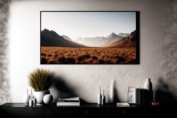 A horizontal wall art poster with a desert landscape on it is hanging on a wall, generative ai